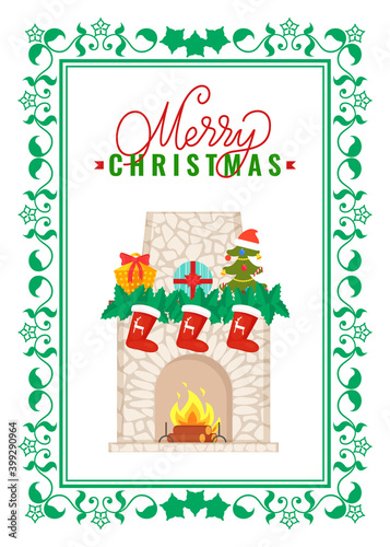Merry Christmas, burning logs and fireplace made of stone with chimney vector in frame. Flame in hearth, brick wall, New Year decorations Santa socks
