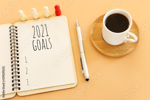Business concept of top view 2021 goals list with notebook, cup of coffee over pastel yellow background