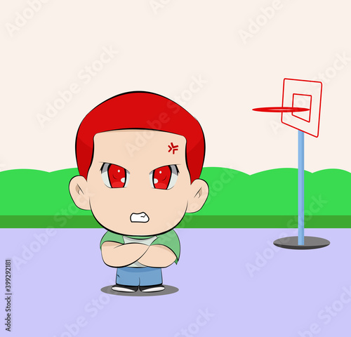 An angry chibi cartoon character with an angry face in the park photo