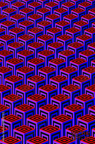 Abstract Black, Red and Blue Geometric Pattern with Squares. Embossed Floor Texture. Cubes in Perspective. Vector. 3D Illustration