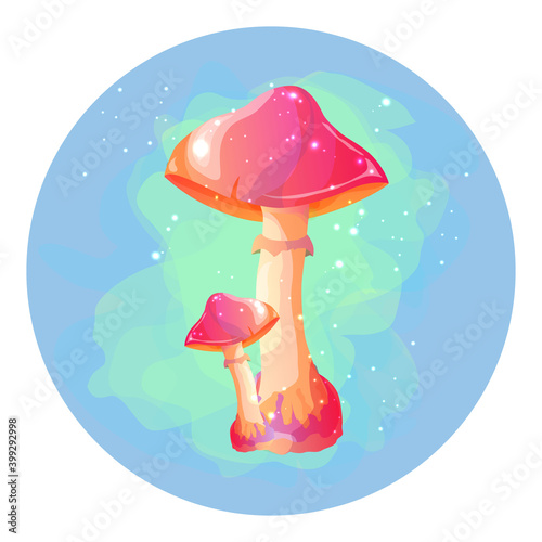 Magic mushrooms on a blue background in a circle. Boletus, fireflies and fog. Nice sticker.