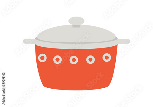 A stainless kitchen utensil isolated on a white background. Covered red iron pan flat vector illustration. Dishes for boiling and cooking at home. Pan with white circles and geometric shapes