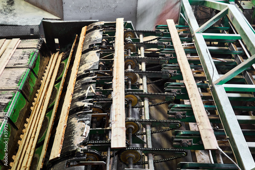 fragment of a conveyor line for the production of boards at a modern sawmill photo