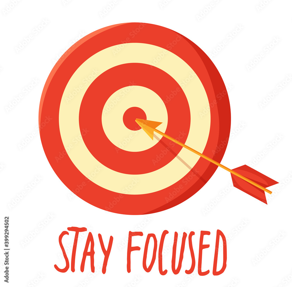 Poster with target, arrow in the center and lettering Stay focused. Motivational banner for self-control. Inspirational slogan phrase for poster under the dartboard with red and white circles Poster with target, arrow in the center and lettering Stay focused. Motivational banner for self-control. Inspirational slogan phrase for poster under the dartboard with red and white circles