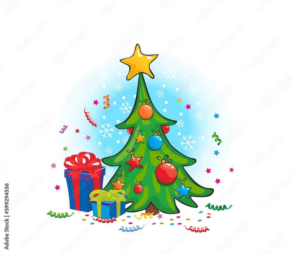 Christmas tree with decorations and gift boxes. Holiday background. Merry Christmas and Happy New Year. Vector on transparent background