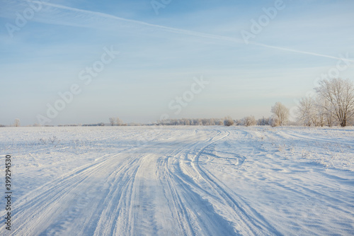 Snow covered winter field with trees and road going through to the horizon. Winter landscape. Beautiful winter nature. © maxandrew