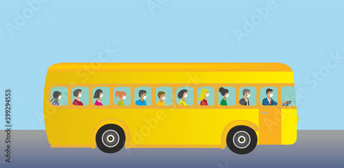 Yellow bus with variation of passengers in gender, ethnicity and age.  All wearing mouth guards. The bus could also be found in blue and in red and without moutguards. Vector illustration. EPS10.