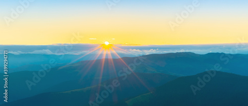 Colorful sunrise landscape in the mountains, scenic wild nature panorama at the dawn, Carpathians, Ukraine