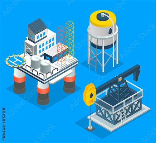 Oil petroleum industry. Isometric industrial icons. Making industrial petroleum for different purposes. Oil storage and extraction, oil drilling rigs. Petroleum storage, oil refinery. Flat design