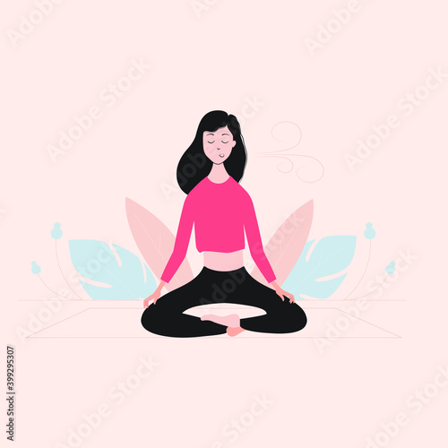 Young woman in meditation pose. Concept of calm breathing, relaxation, meditation, yoga, harmony, mental health. Vector illustration