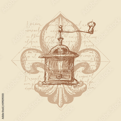 Banner with a hand-drawn Fleur de Lis heraldic Lily and an old coffee grinder on the background of handwritten text Lorem ipsum. Creative vector illustration on an old paper backdrop in vintage style