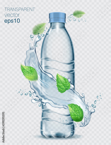 Transparent realistic vector plastic bottle with water splash and mint leaves on light background