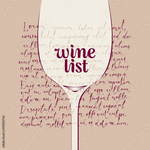 Wine list for restaurant or cafe with a transparent wine glass on the old paper background with handwritten text lorem ipsum. Vector illustration in retro style for menu, wine list, tasting