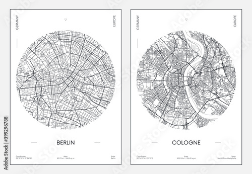 Obraz na płótnie Travel poster, urban street plan city map Berlin and Cologne, vector illustratio