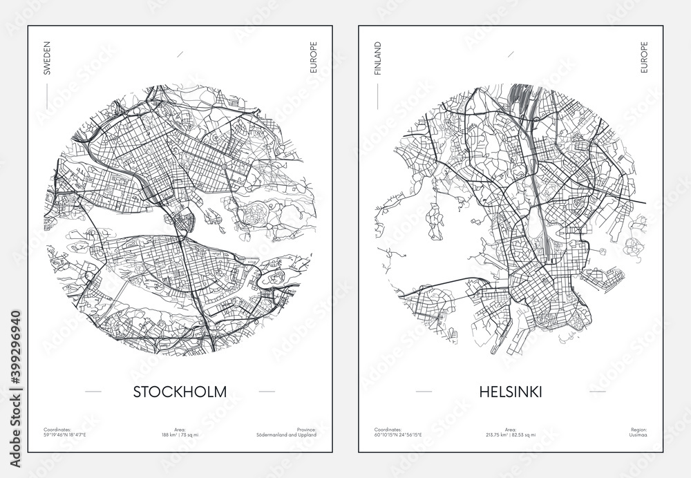 Travel poster, urban street plan city map Stockholm and Helsinki, vector illustration