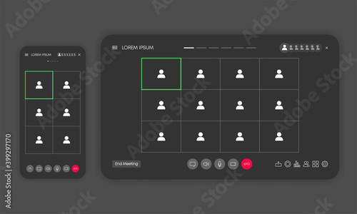 Call screen template on window browser or app. Video chat or meeting or conference. Mockup UI, UX interface. Vector.
