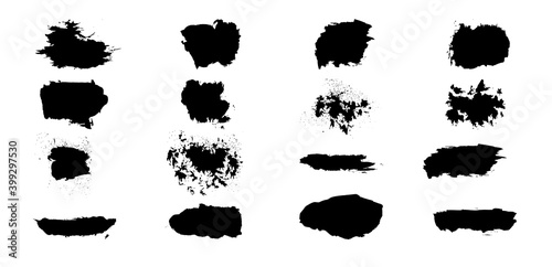 Grunge black paint brush strokes vector set. Collection of hand drawn brush stroke textures and stains. Grunge overlay. Watercolor brush. Design elements for frames, social media, banners, make up