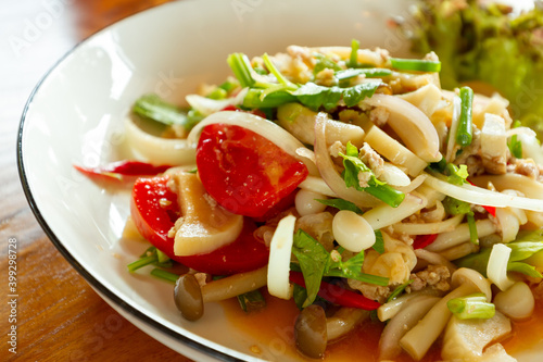 Spicy Mushroom SaladThai traditional food. photo