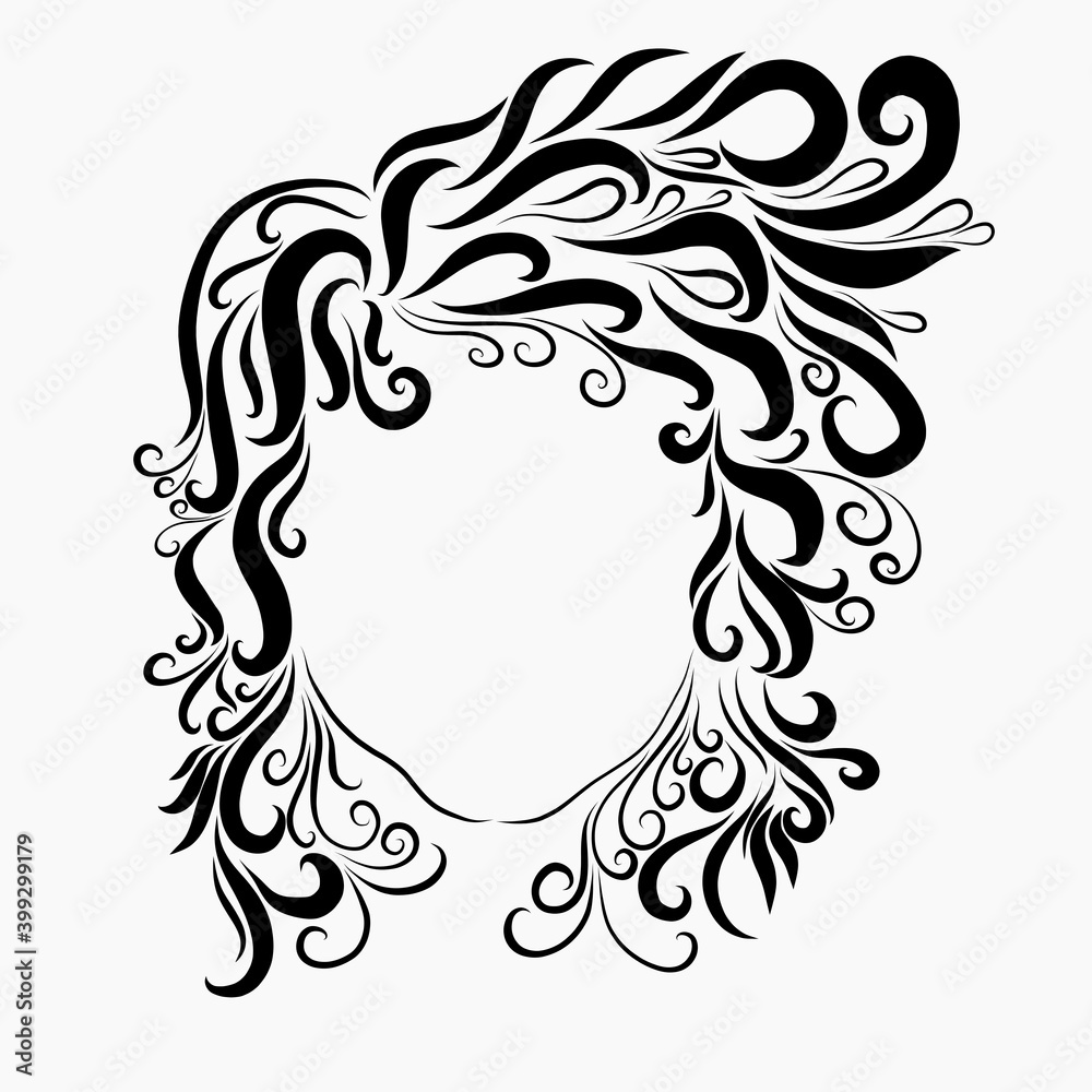 black and white head of a girl with creative voluminous hairstyle curly hair