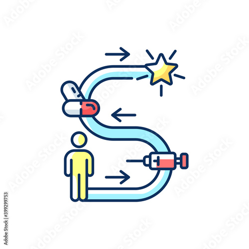 Therapy journey RGB color icon. Taking medications for treatment. Private psychotherapy practice. Health problem remediation. Commitment, process, change and termination. Isolated vector illustration