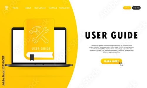 Concept User Guide FAQ book for web page, banner, social media. User Guide book. Vector illustration