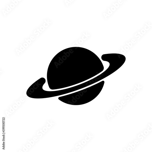Planet with rings icon in black. Space concept. Astronomy. Saturn. Vector on isolated white background. EPS 10