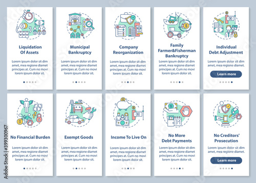 Bankruptcy onboarding mobile app page screen with concepts. Debtor income. Financial burden during pandemy walkthrough 5 steps graphic instructions. UI vector template with RGB color illustrations