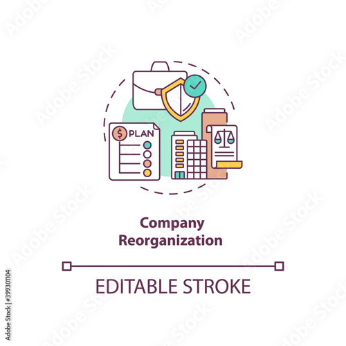 Company reorganization concept icon. Business restructuring. Corporate strategy. Bankruptcy avoidance idea thin line illustration. Vector isolated outline RGB color drawing. Editable stroke