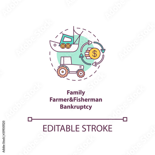 Family farmer and fisherman bankruptcy concept icon. Annual profit. Small business owner financial problem idea thin line illustration. Vector isolated outline RGB color drawing. Editable stroke