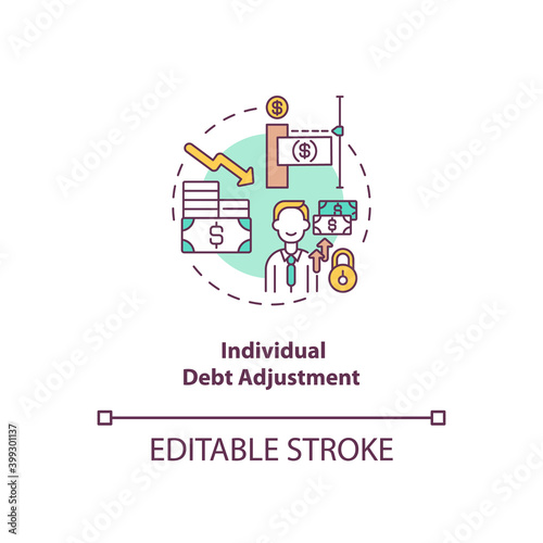 Individual debt adjustment concept icon. Terms of repaying credit. Borrower payment. Bankruptcy alternative idea thin line illustration. Vector isolated outline RGB color drawing. Editable stroke