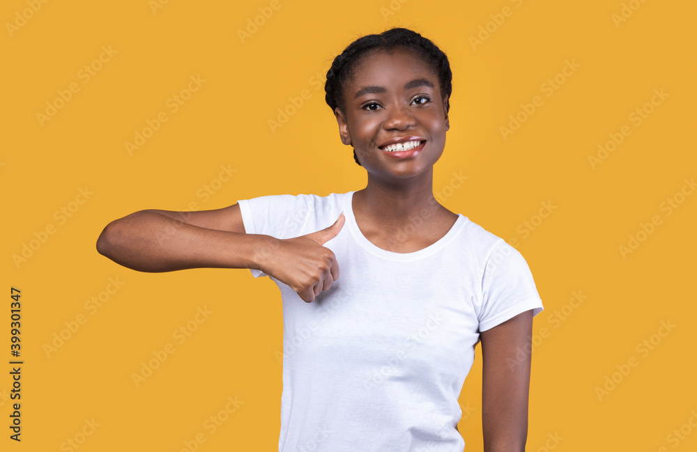 Black Young Lady Gesturing Thumbs Up Standing Over Yellow Background Black Young Lady Gesturing Thumbs Up Standing Over Yellow Background