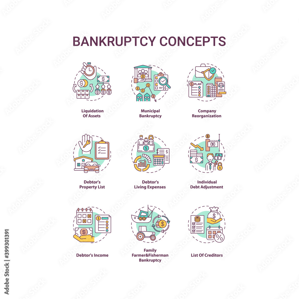 Bankruptcy concept icons set. Economic difficulty. Debtor and creditor contract. Financial crisis idea thin line RGB color illustrations. Vector isolated outline drawings. Editable stroke