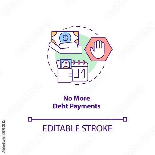 No more debt payment concept icon. Financial independence. Money savings. Credit free. Bankruptcy idea thin line illustration. Vector isolated outline RGB color drawing. Editable stroke
