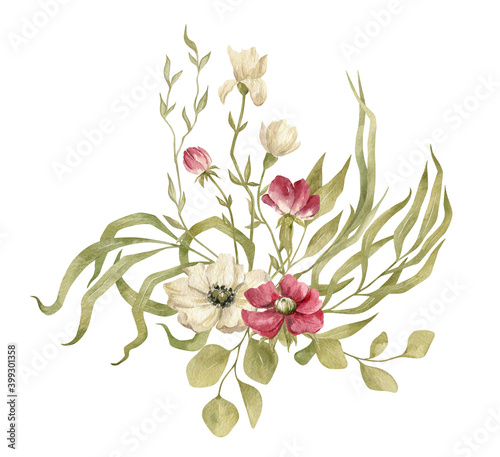 Fototapeta Naklejka Na Ścianę i Meble -  Watercolor bouquet with flowers and leaves. Arrangement with wild meadow plants and herbs, bud, leaves, branches. Vintage nature elements isolated on white