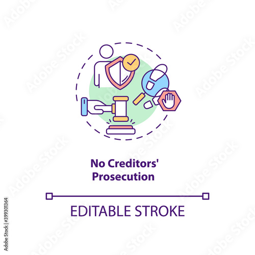 No creditors prosecution concept icon. Prevent legal act for debtor. No financial crisis. Debt free. Bankruptcy idea thin line illustration. Vector isolated outline RGB color drawing. Editable stroke