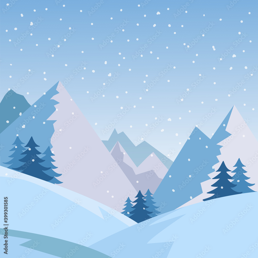 Winter mountain landscape background with forest and snow-covered field. Flat design. Vector illustration.