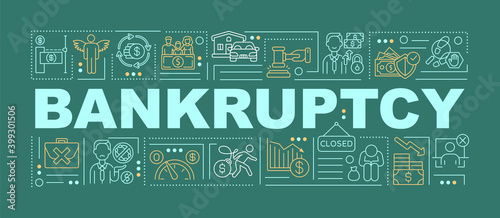 Bankruptcy word concepts banner. Inability paying creditors. Debt problems. Infographics with linear icons on green background. Isolated typography. Vector outline RGB color illustration