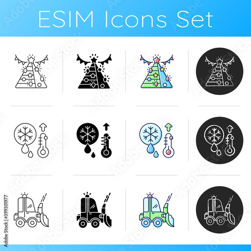Winter cleaning service icons set. High temperature snow melting. Snowy weather automobile helping tools. Roof ice removal. Linear, black and RGB color styles. Isolated vector illustrations