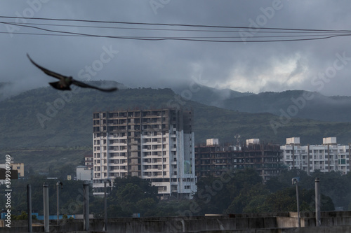 Фотография pune city on foggy early morning with layer of clouds and bird fling through fra