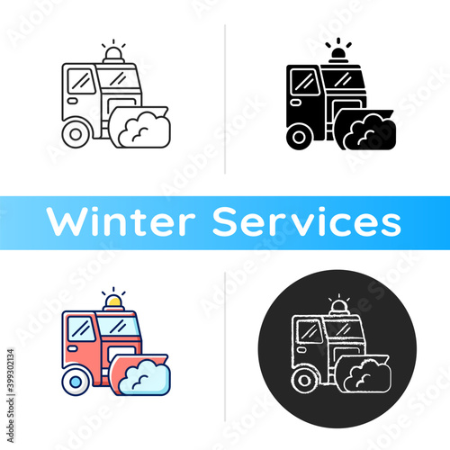 Road plowing icon. Removing snow and ice from outdoor surfaces in cold winter. Reducing accidents on streets. Linear black and RGB color styles. Isolated vector illustrations