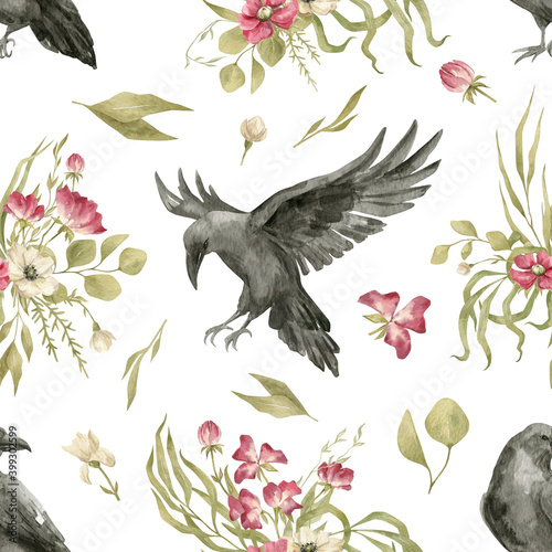 Watercolor seamless pattern with black raven and floral bouquet. Flying birds and arrangement. Vintage background with floral motif. Botanical illustration. Wild flowers and crow © Kate K.