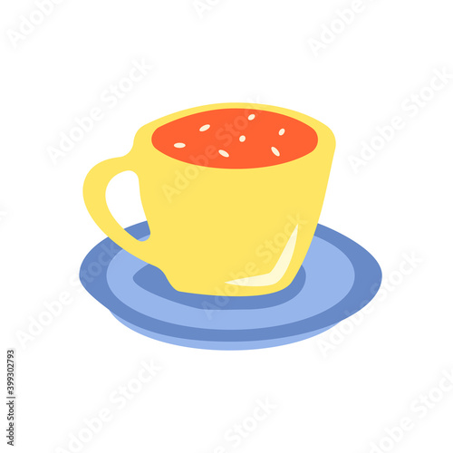 Hot drink cup flat vector abstract element. Mug RGB color clipart. Cocoa treat with marshmallow for winter season. Warm beverage. Hot chocolate isolated organic shape on white background