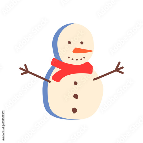 Happy snowman flat vector abstract element. Christmas decoration RGB color clipart. Winter season. Festive tradition. Snow man with scarf isolated organic shape on white background