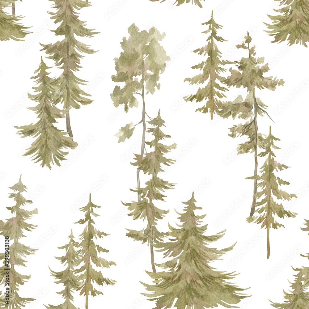 Watercolor seamless pattern with greren forest. Evergreen fir trees. Pine, spruce tree. Hand drawn background with landscape. Natural, ecological, tourism, hiking, xmas theme