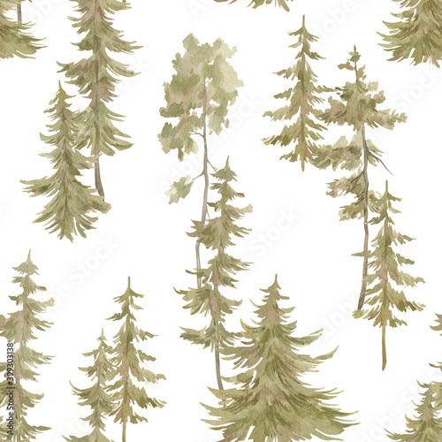 Watercolor seamless pattern with greren forest. Evergreen fir trees. Pine  spruce tree. Hand drawn background with landscape. Natural  ecological  tourism  hiking  xmas theme
