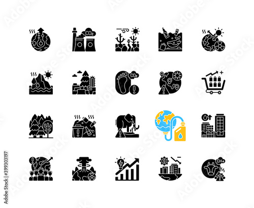 Global warming black glyph icons set on white space. Making climate change. Humanity problems solving. Planet damaging with reducing life resources. Silhouette symbols. Vector isolated illustration