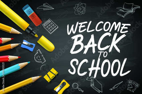 Welcome back to school.Back to School Vector Illustration. Back to school education with school supplies