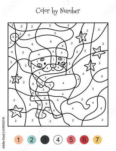 Christmas coloring page by numbers. Cute cartoon Santa Claus reads the letter. Holidays activity worksheet for preschool kids.