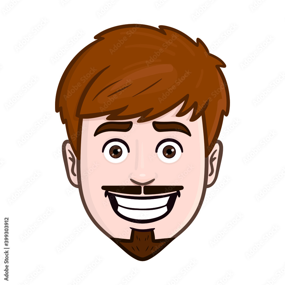 comic avatar head. brown hair, laughing, beard, young man.