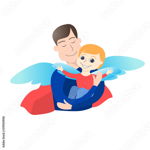 Father in a red cloak and the image of a Superhero holds a small happy child in his arms. The concept of family, single father, fatherhood, childhood. Illustration in flat cartoon style.
